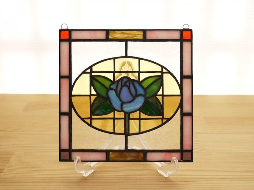 ステンドグラス ミニパネル 青バラ 15cm