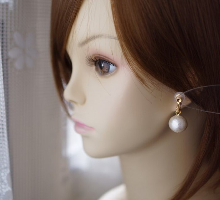 痛くなりにくい コットンパールイヤリング Wht-14mm