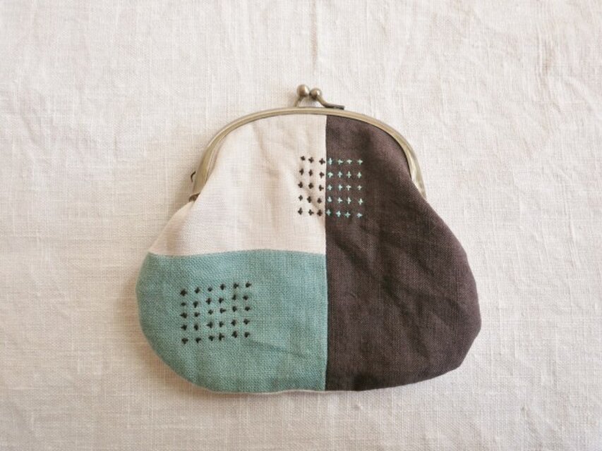 がま口ポーチ　emerald green＆brown