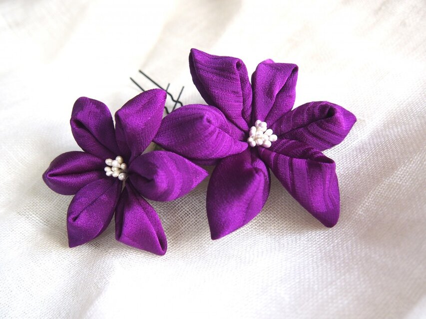 つまみ細工☆アンティークＵピン2本セット☆紫☆