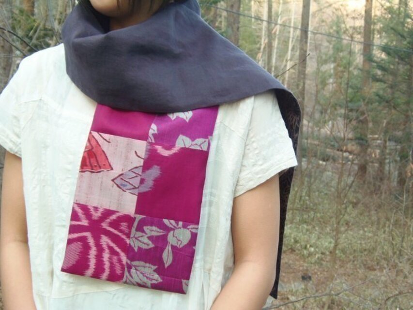 春風スカーフ＜ブローチ付＞HS002 銘仙パッチワーク×綿麻