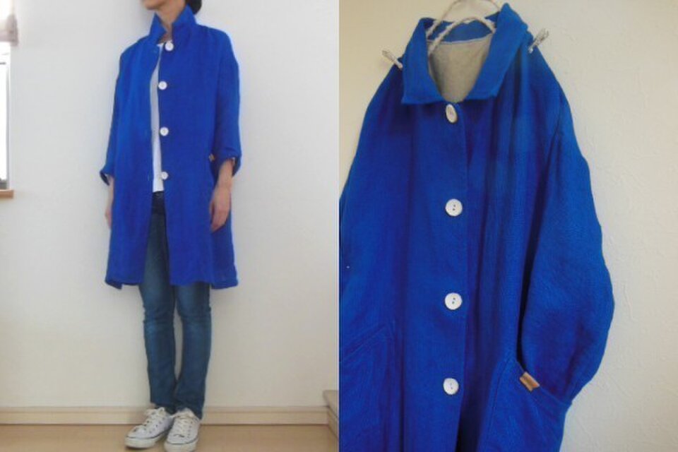 ブルー変り織りリネン すっきりコート