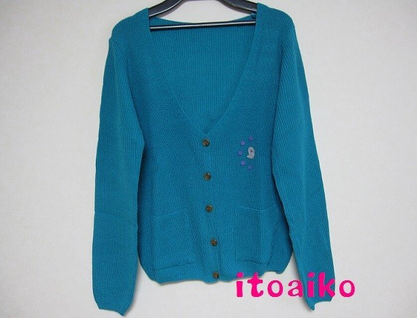 グレーの鳥モチーフ♪カーディガン☆（グリーンブルー）