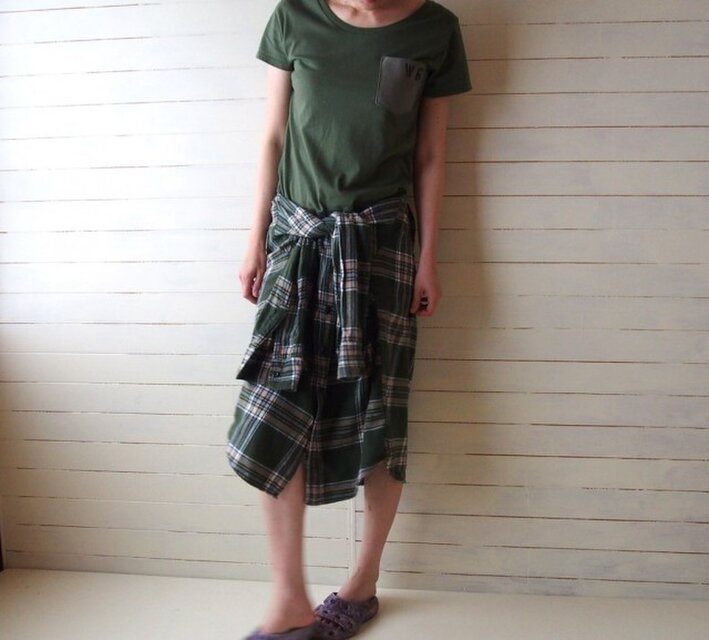 カーキ　ネルシャツリメイク　ワンピース