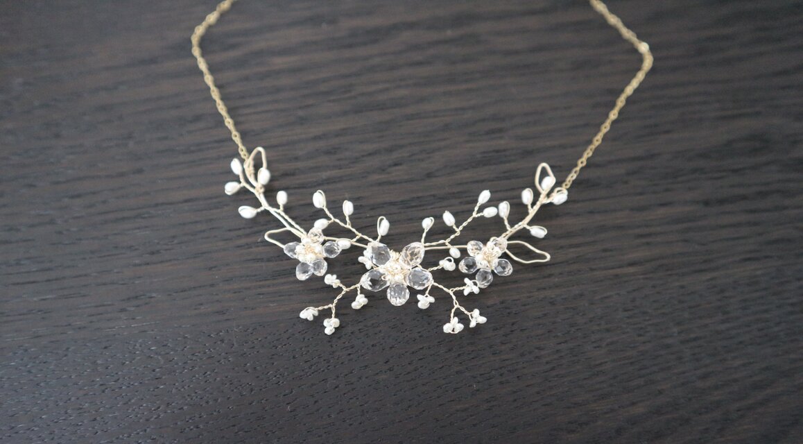 スワロとパールの桜とカスミソウのゴールドネックレス　14kgf Sakura