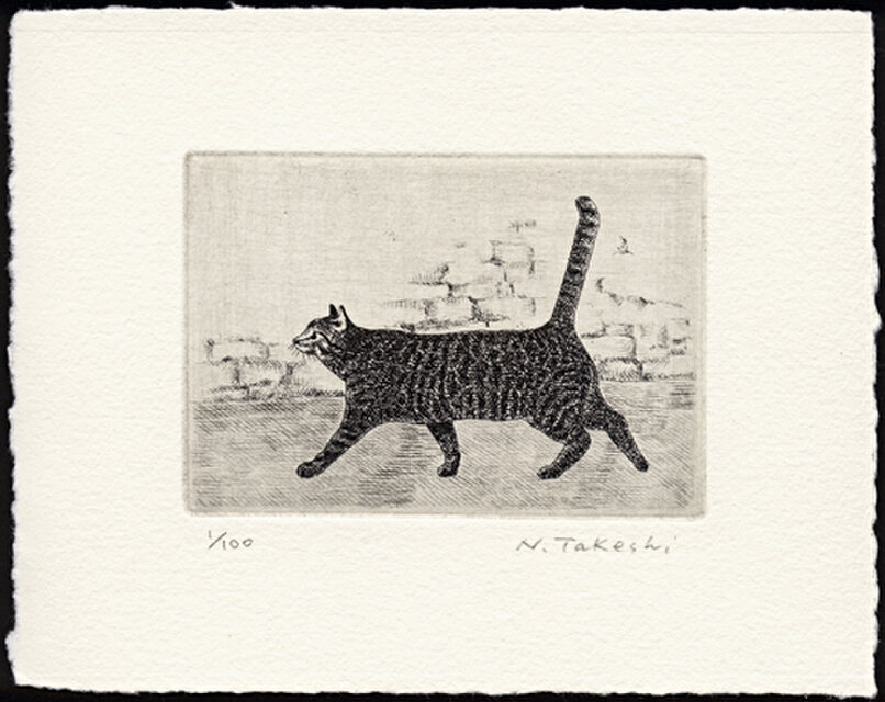横向きの猫・2015 / 銅版画 (額あり） | iichi 日々の暮らしを心地よく