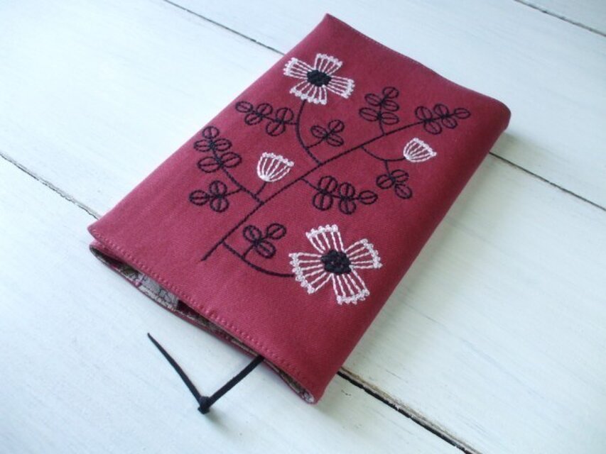 花刺繍の新書本ブックカバー　ローズピンク