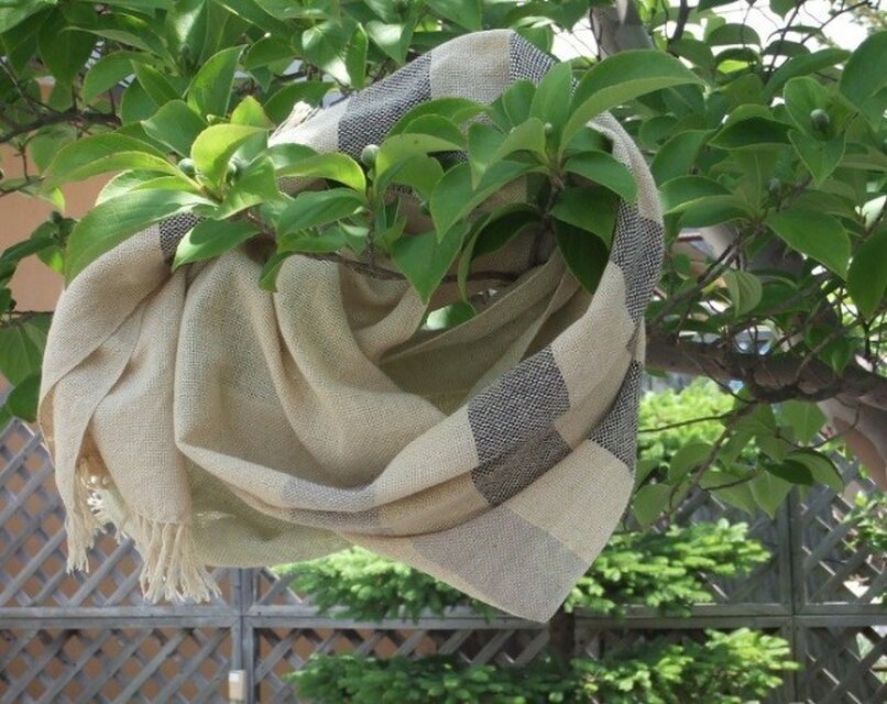 手織りオーガニックコットンストール・・ライングレー