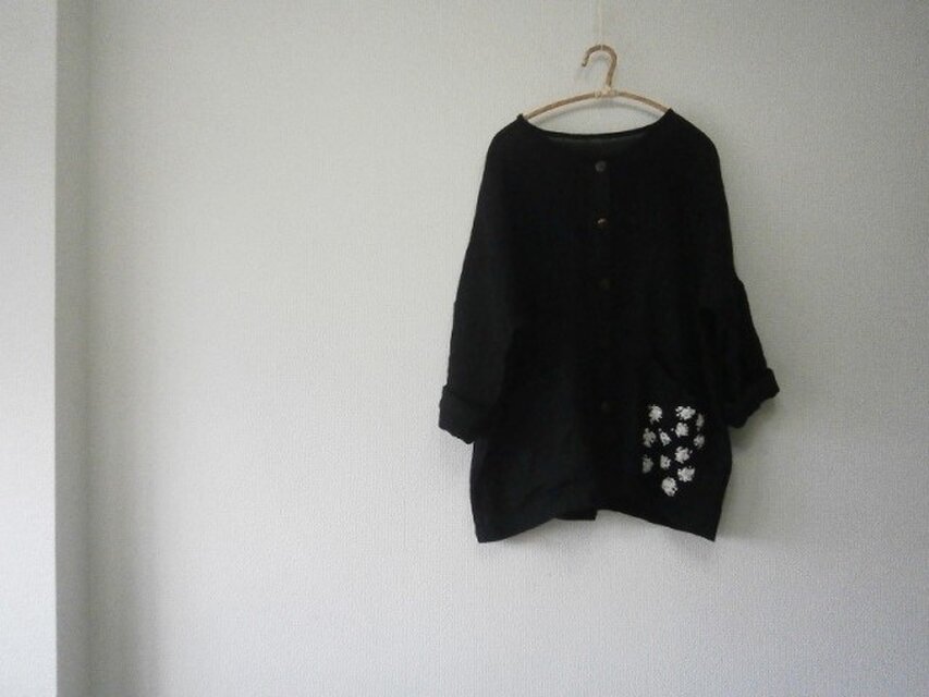en-en楊柳ポケット・手刺繍羽織・黒(033)