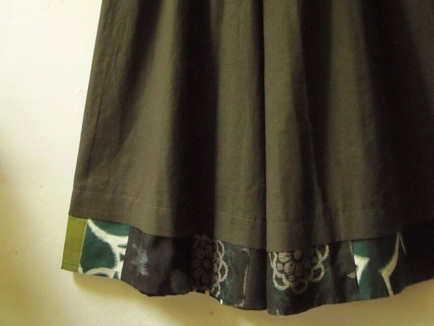 綿麻×銘仙パッチ　いろいろ銘仙のガウチョパンツ＜鶯茶＞MG022