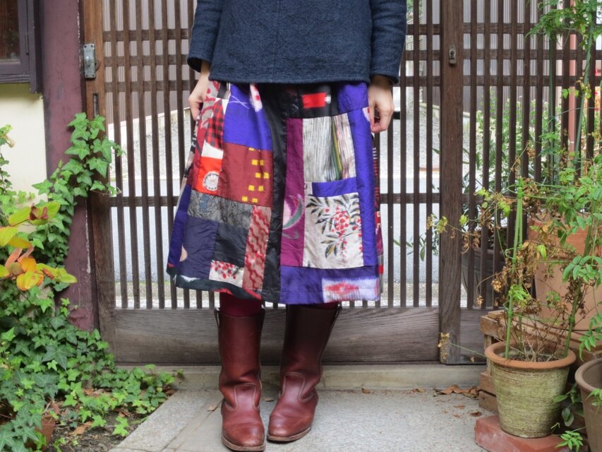 着物リメイク☆大島紬や銘仙いっぱいパッチで可愛いスカート♪♪