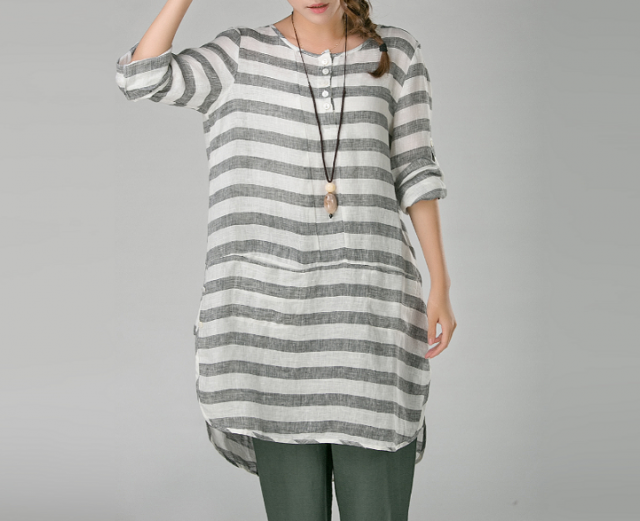 シンプル風  ストライプシャツワンピース  袖長さ調節可