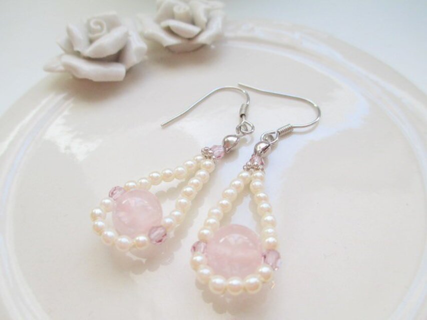 【sale】ローズクオーツドロップピアス