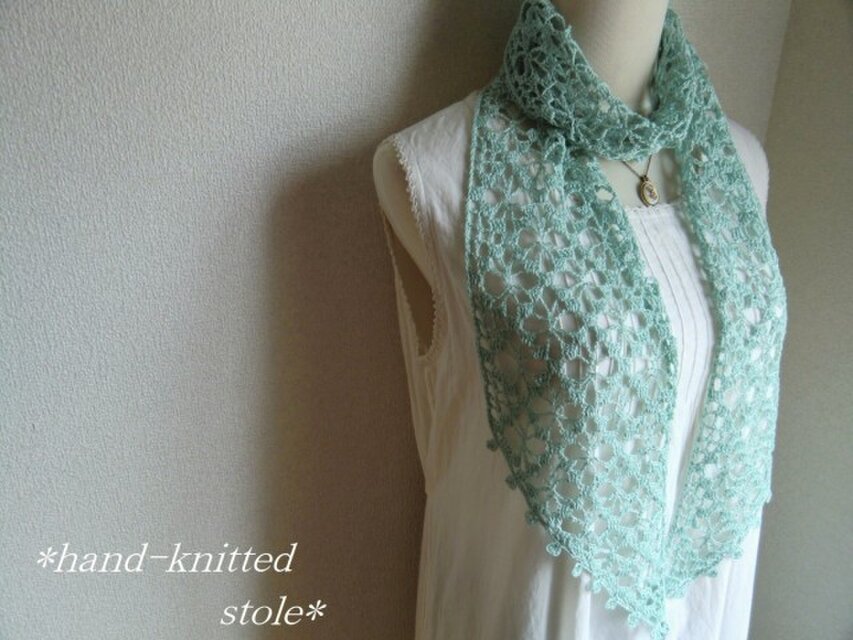 リネン　麻　花模様のストール（スカイグリーン）