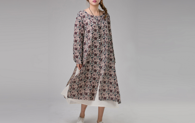 鮮やかな花柄プリント生地 裏地付き 長袖マキシ丈ワンピース