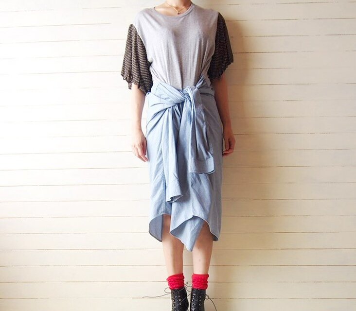 バルーンスリーブ　シャツリメイクワンピース