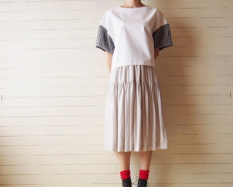 ギンガムドロップショルダーブラウス　