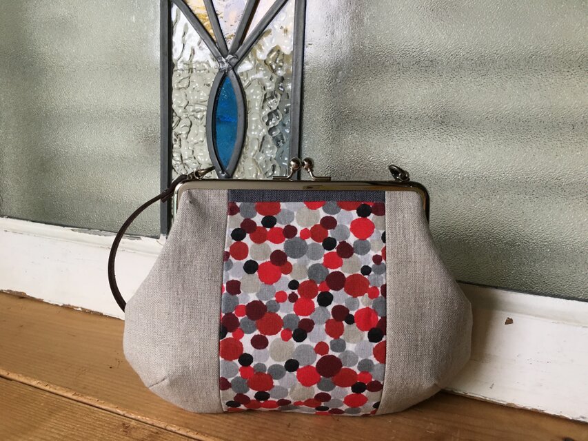 [再出品] フランスコットン 革持ち手付き がまぐち