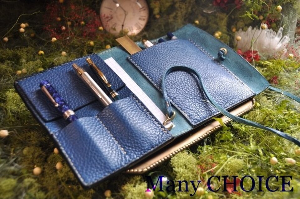 イタリアンオイルレザーアリゾナ・2つ折りロディア・ペンケース(アルノブルー)