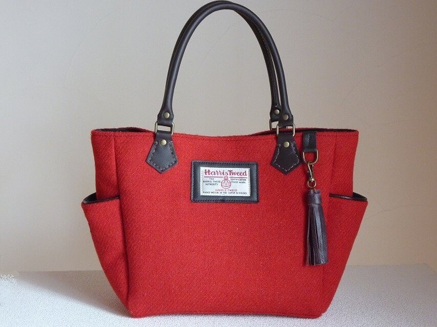 ニ様ご依頼品：サイドポケットバッグS（ハリスツイード:赤無地）