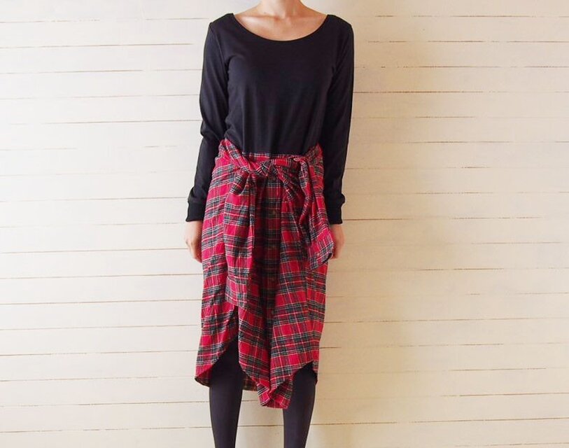 レッドチェックネルシャツリメイク　ワンピース