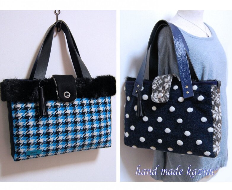 SALE!　一点モノ！リバーシブルトート（紺水玉×青格子）