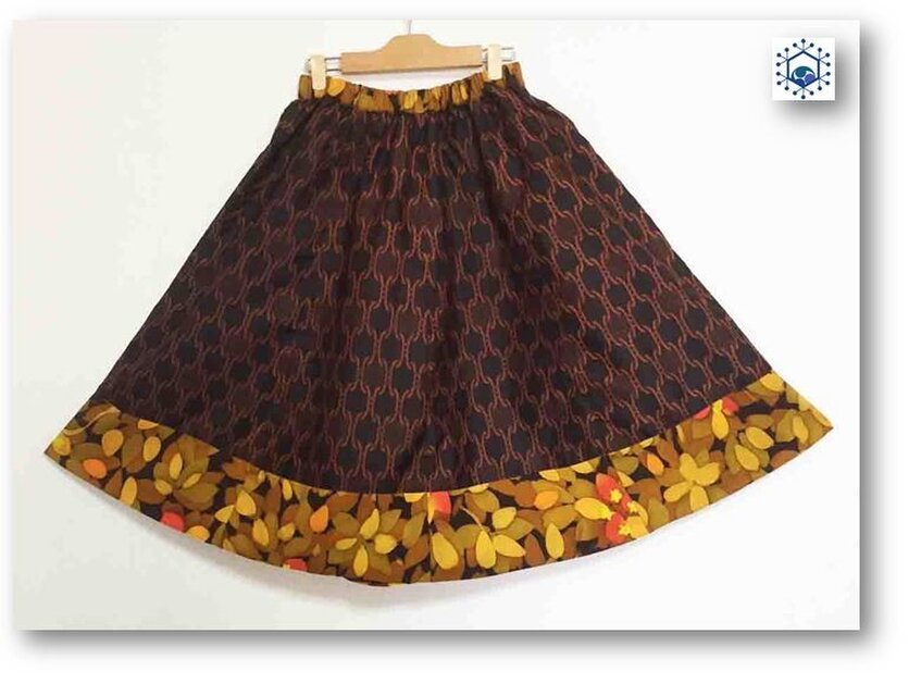赤墨色に蜜柑色小紋×レトロな木の葉柄着物リメイクスギャザーフレアカート49