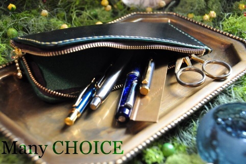 革の宝石ルガトー・L型ペンケース（緑）