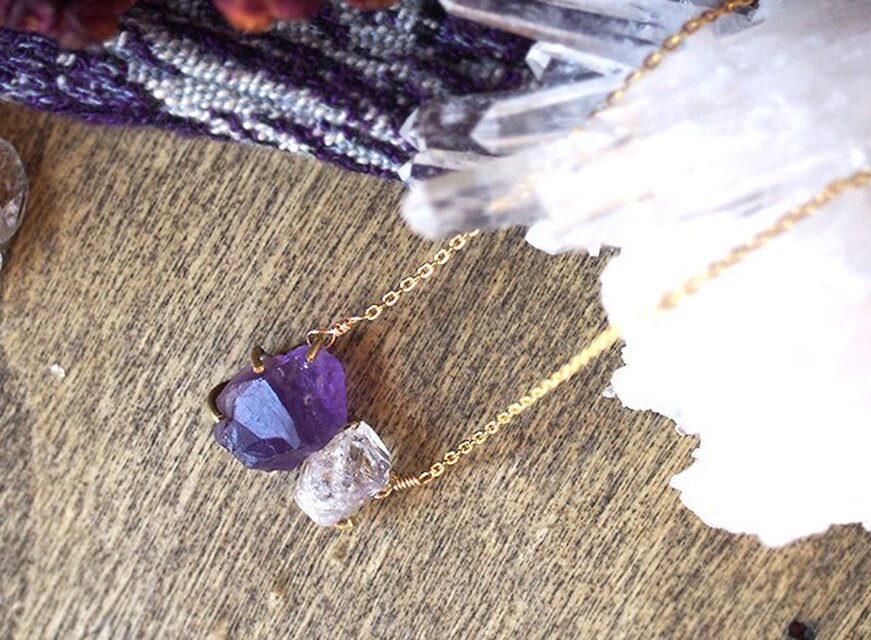 原石のアメジストとダイヤモンドクォーツのネックレス