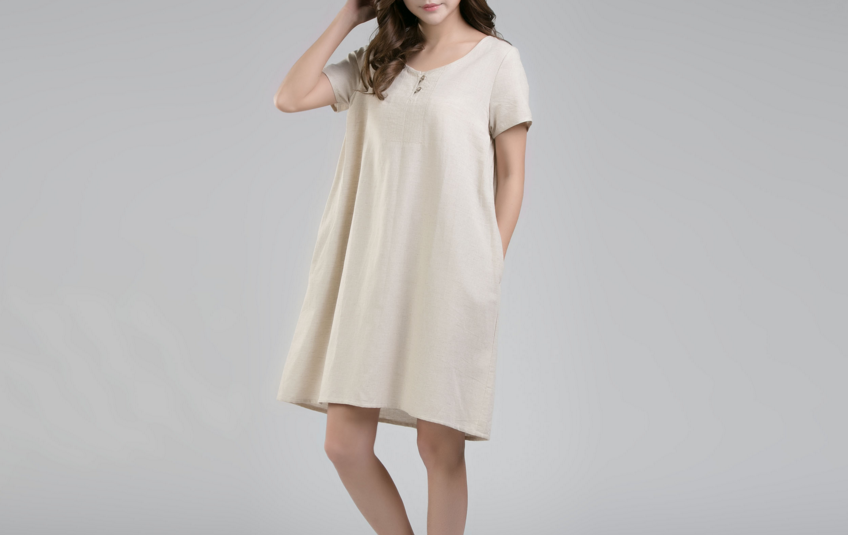 綿麻生地 ボタン付きクルーネック半袖ワンピース ♪Beige♪