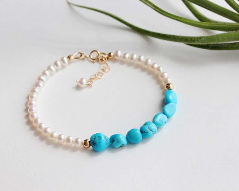【14kgf】アリゾナ産スリーピングビューティーターコイズ＆パールブレスレット