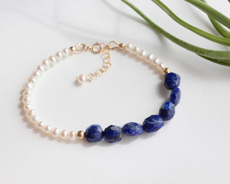 【14kgf】夜空のラピスラズリ＆パールブレスレット