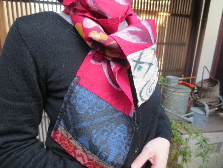 銘仙リメイク☆春色ピンクの一重ストール♪端に大島も…