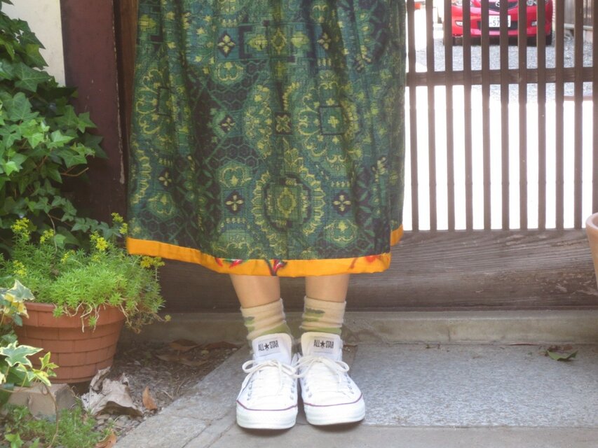 着物リメイク☆新緑の季節に…凝った織りの紬スカート♪裾のオレンジ