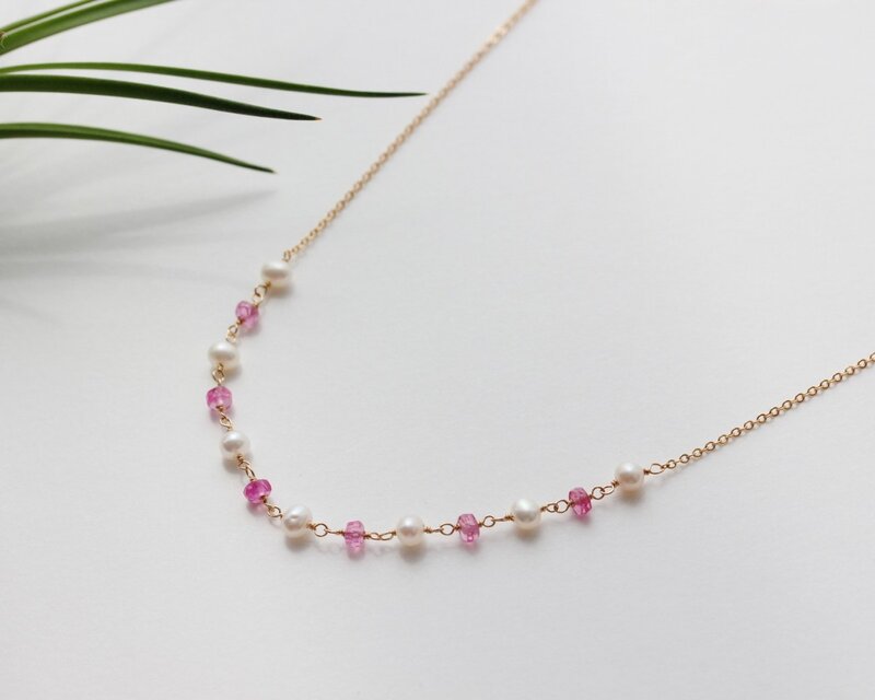 【14kgf】宝石質ピンクサファイア＆淡水パールネックレス