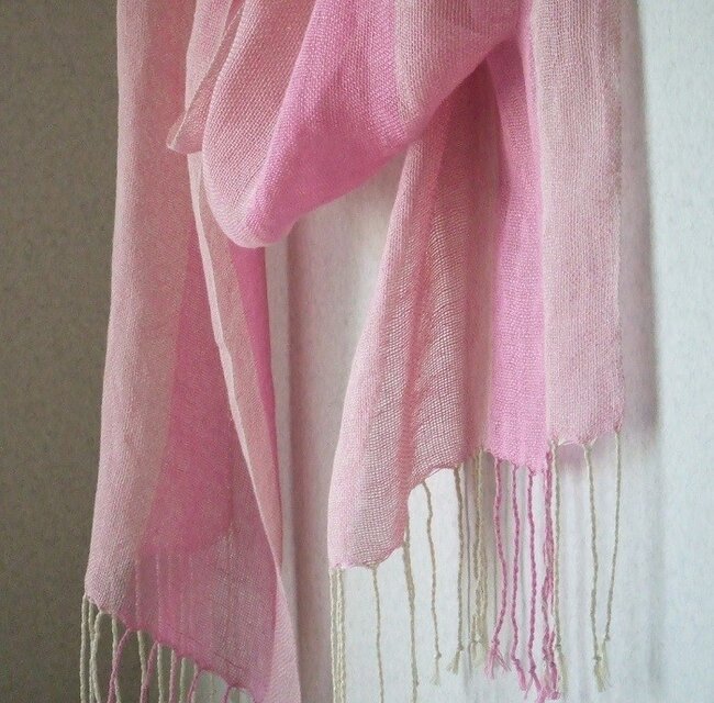 手織りリネンシルクストール・・ワンストライプ（ピンク）