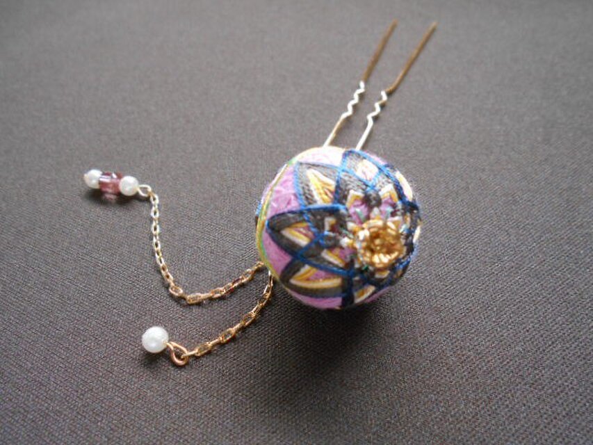 てまりかんざし■ピンク焦げ茶