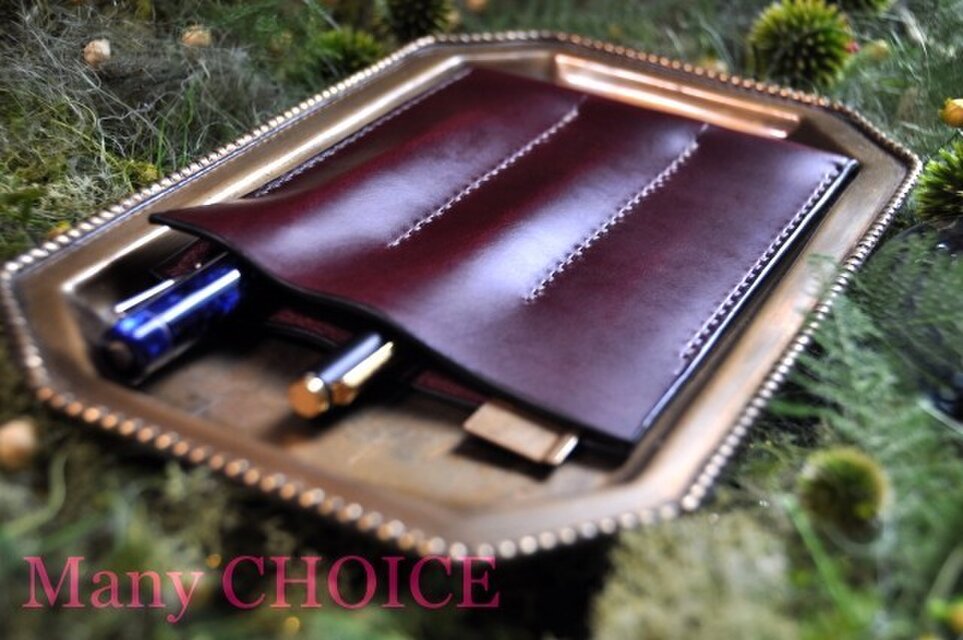 イタリアンレザー・帝王ブッテーロ・3本差ペンケース（葡萄酒）