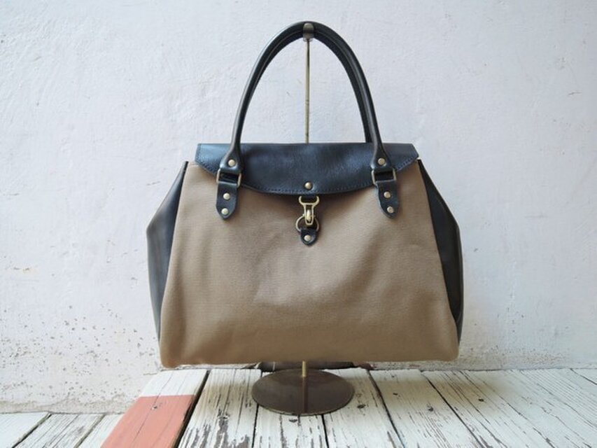 神戸ORZO ヌメ革×8号帆布ボストンBAG(M) カーキ×ネイビー