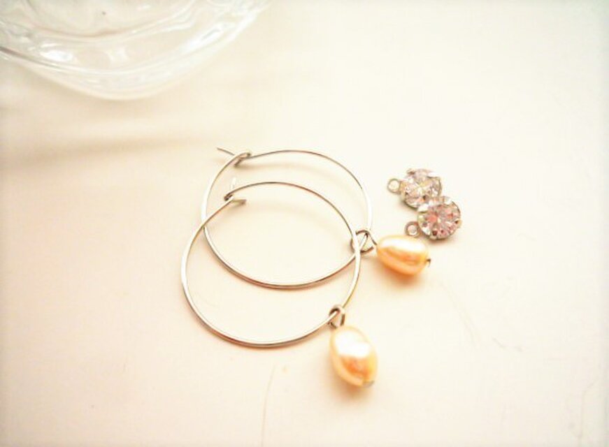 ２way淡水パールとジルコニアのフープｓピアス
