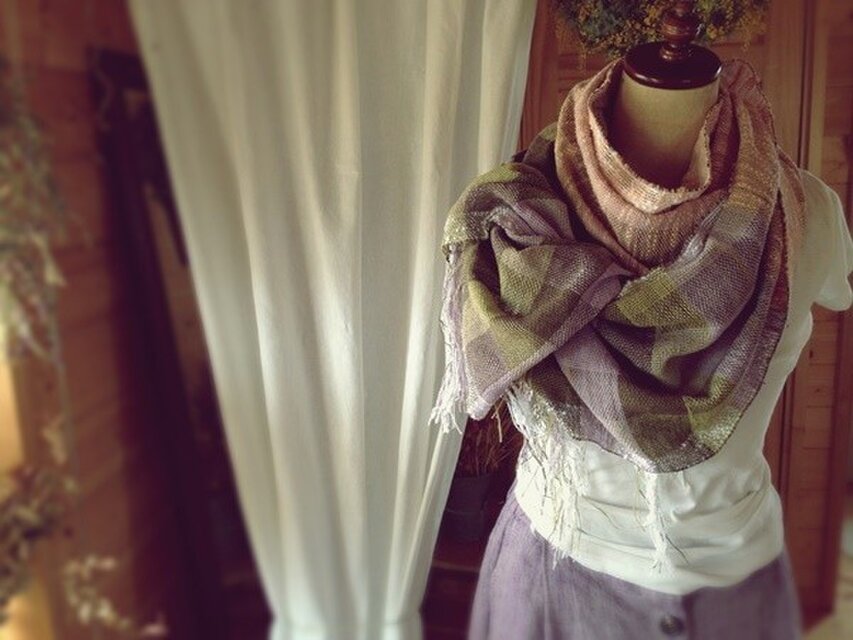 手織り　ヘンプとコットンのストール　バイオレット