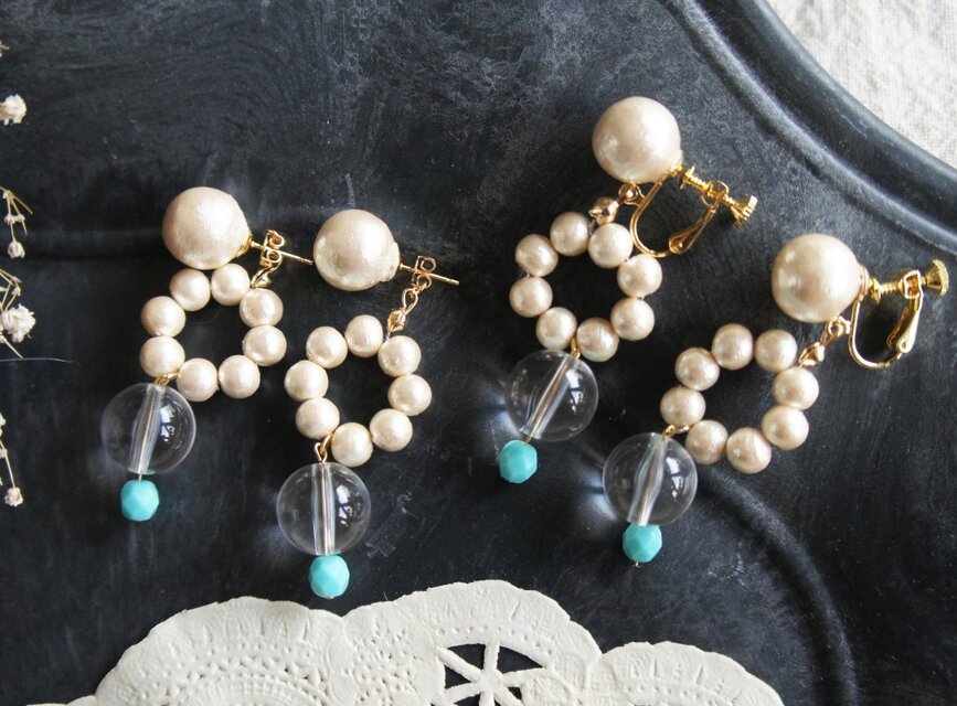 コットンパールとターコイズのイヤリング＆ピアス