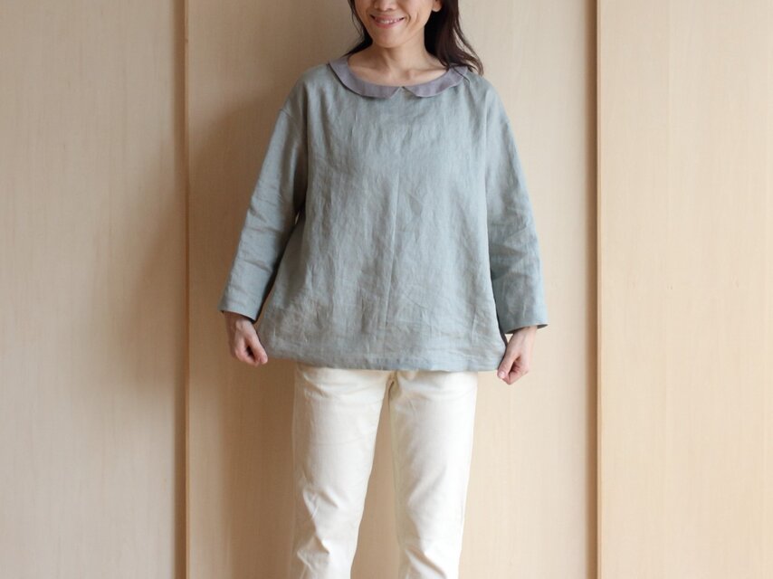 ローカラーリネンブラウス・ダスティーグリーン