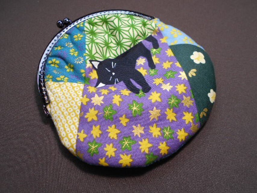 猫の和パッチ風がま口*ブルー系