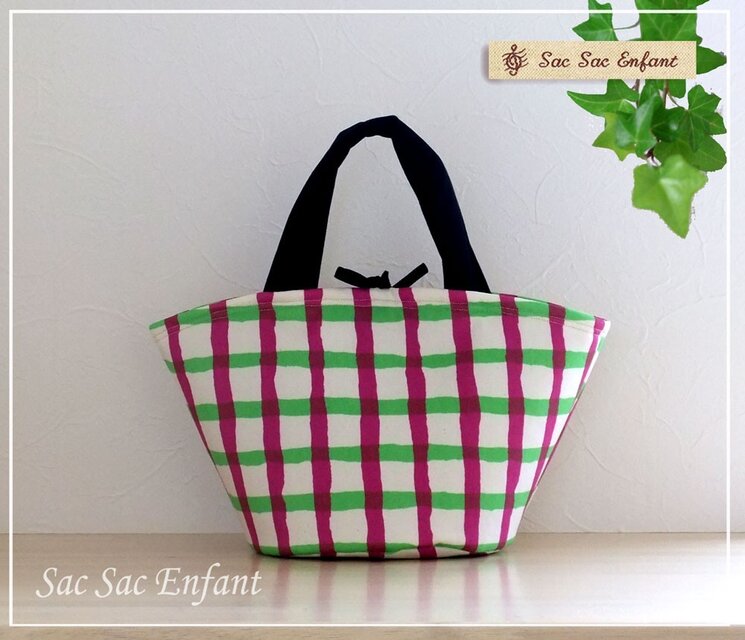 Sac de panier サックドパニエ　Sサイズ Crayon-Check(クレヨン・チェック）グリーン×パープル　