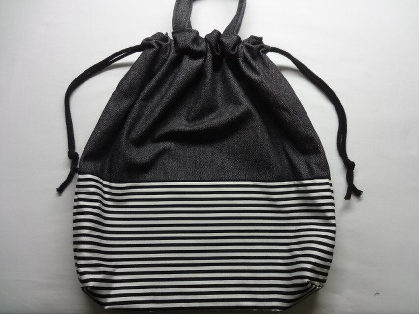 体操服入れ【黒デニム×黒白ボーダー】持ち手つき