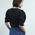 ふんわりとしたパフスリーブ カットソー半袖　ブラック　0678BK
