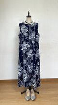 浴衣リメイク　棉　ワンピース　ネイビー 白い文字 浴衣 Retica 浴衣 ワンピース セパレート 2way 線画ホワイトポピー