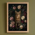 猫の花に囲まれた油絵風アート A4額装インテリア壁掛け | iichi 日々の