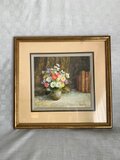 絵画 水彩画 花瓶の花 花と本 額付き フランス額装店サイン入り